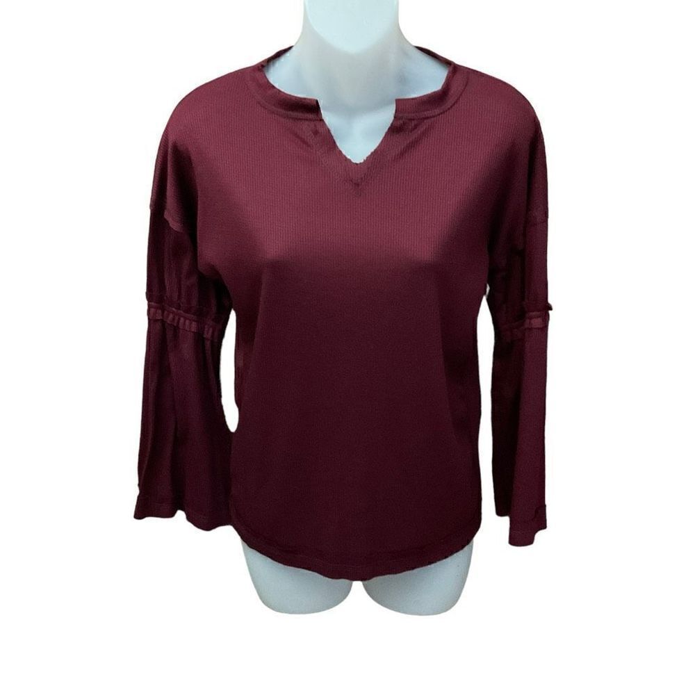 Baea Top V-Neck Blouse Bell Sleeves Maroon Bordeaux Burgundy Size Medium